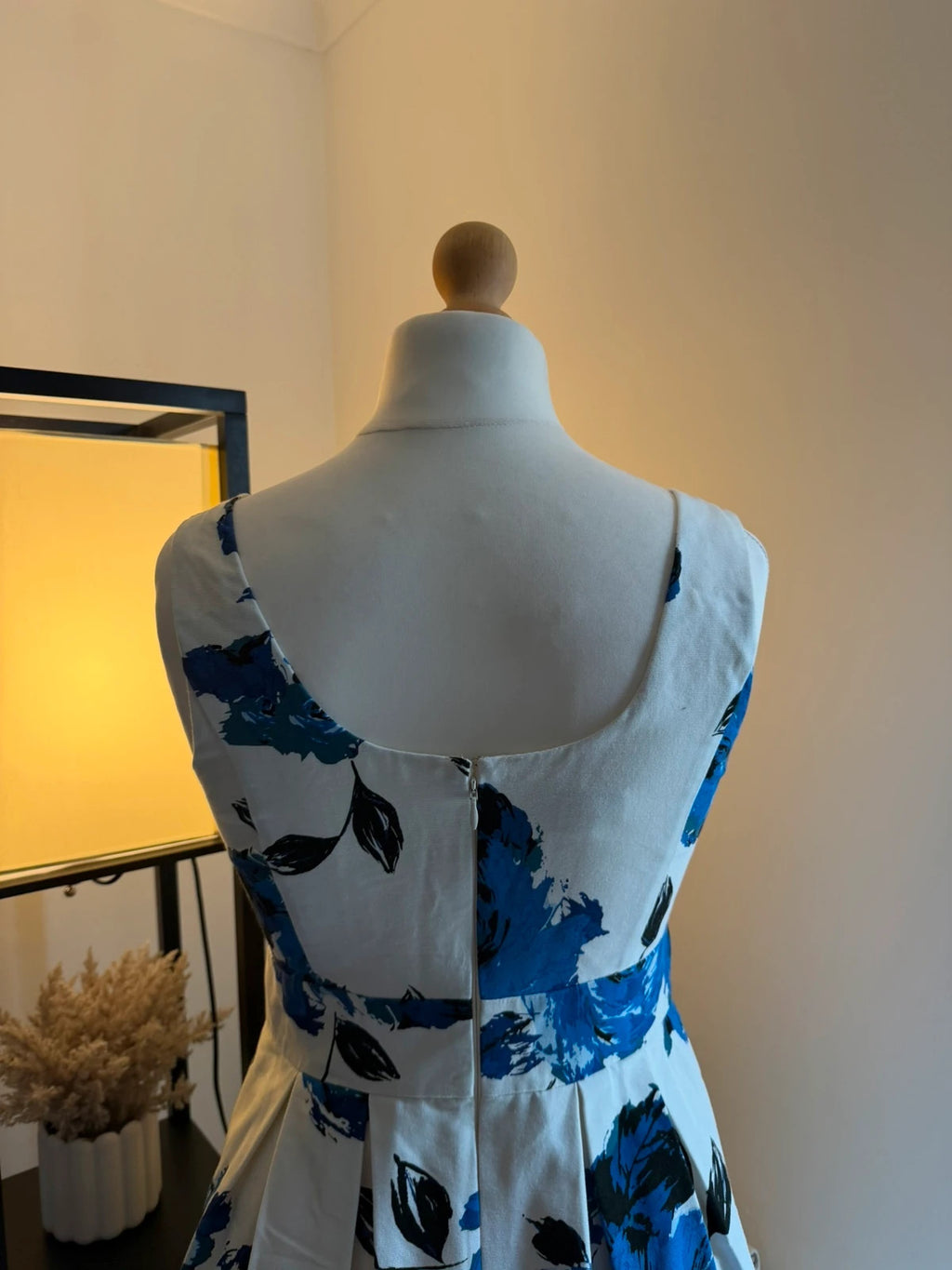Monsoon blue and white rose print skater dress with floral pattern, UK size 12.