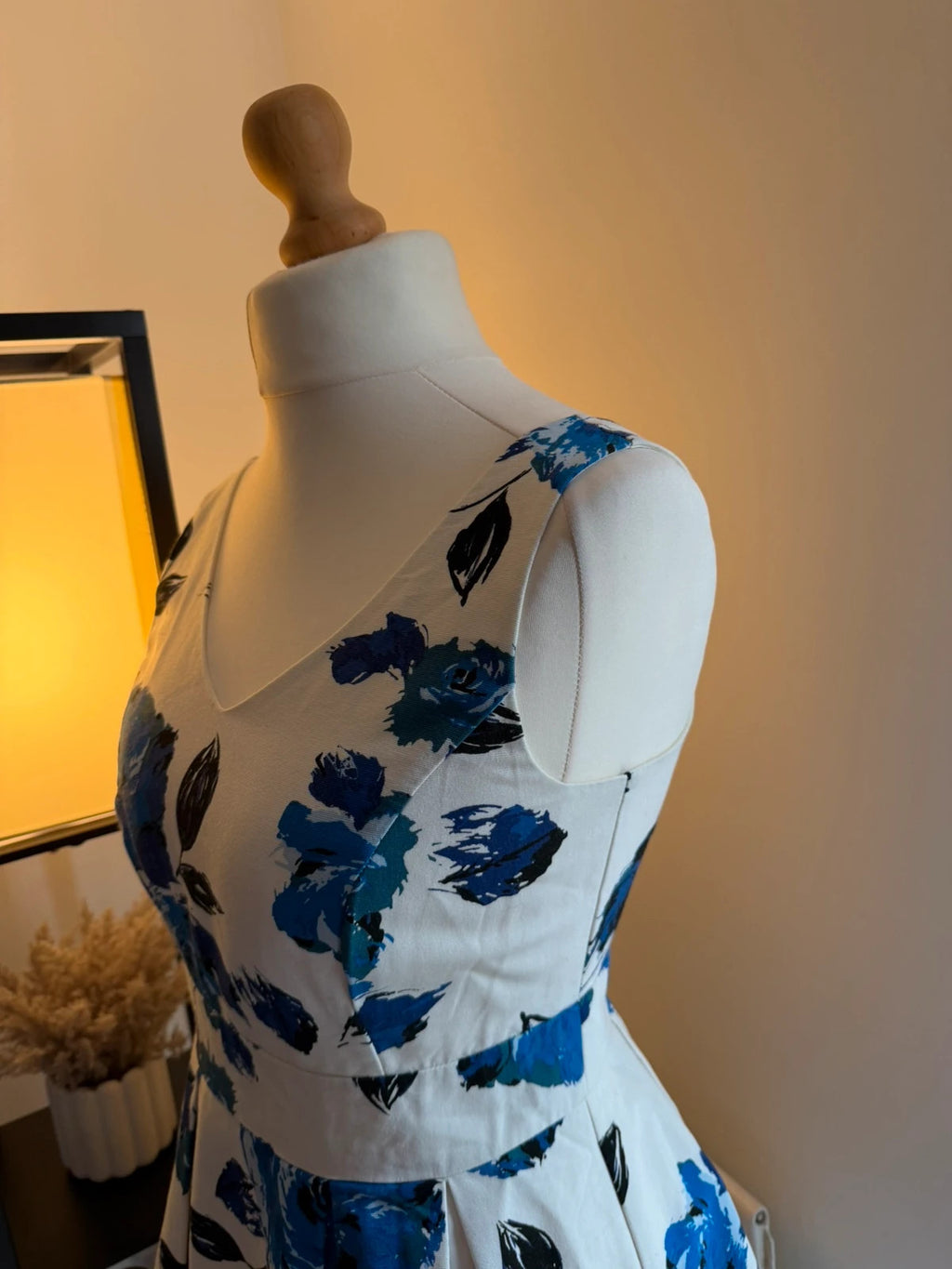Monsoon blue and white rose print skater dress with floral pattern, UK size 12.