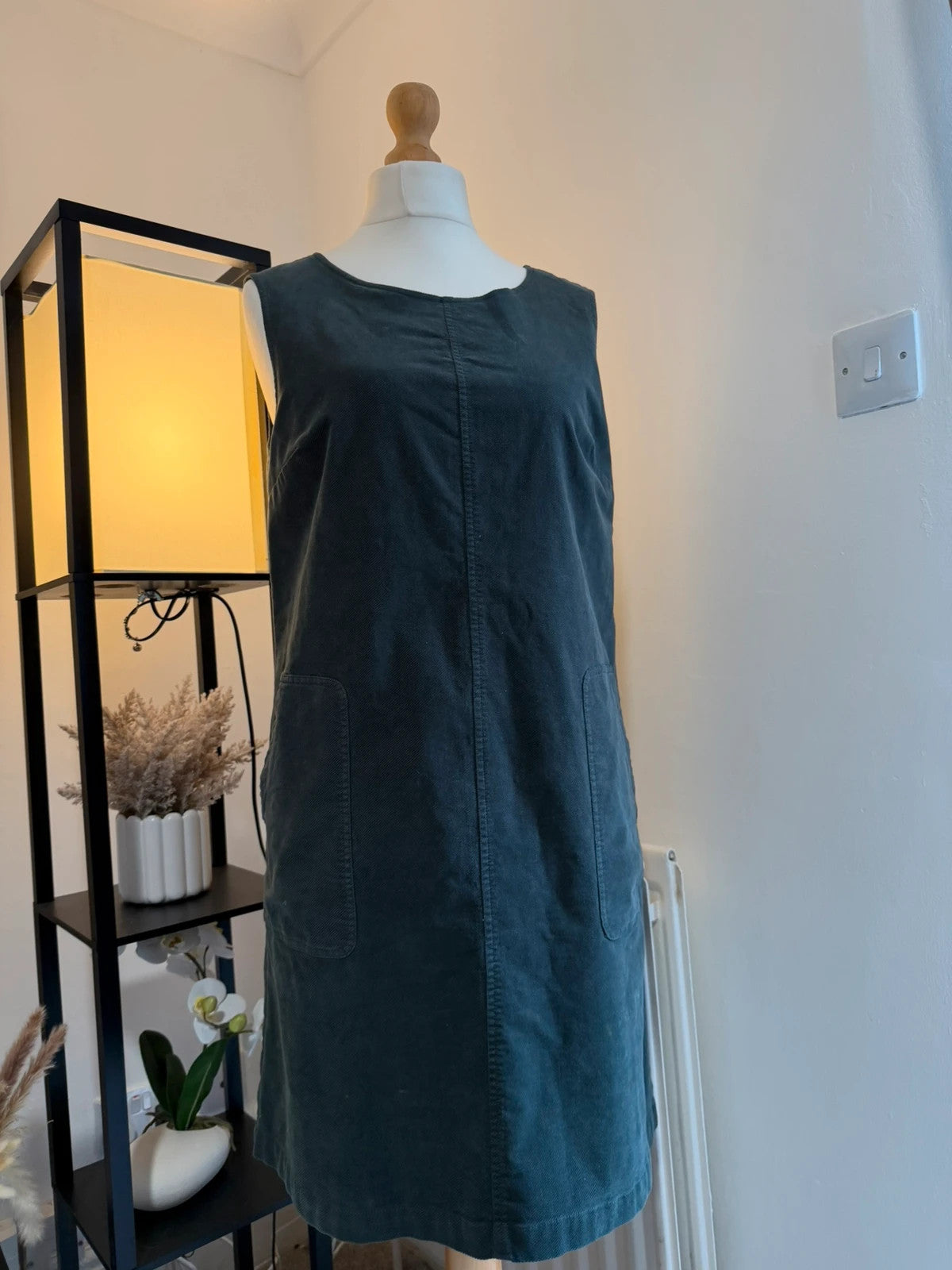 Seasalt Cornwall grey corduroy shift dress with pockets, pre-loved, size 14.