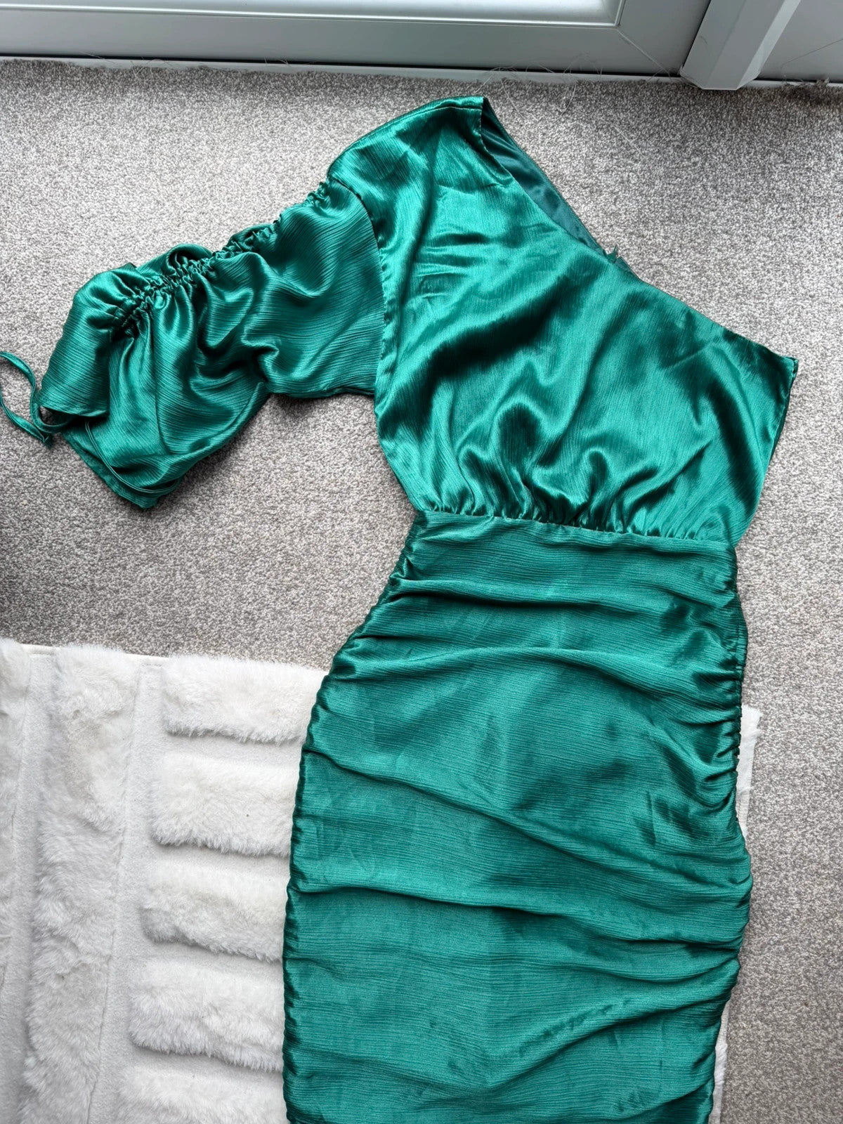 Club L London green ruffle maxi dress one shoulder satin evening glamour