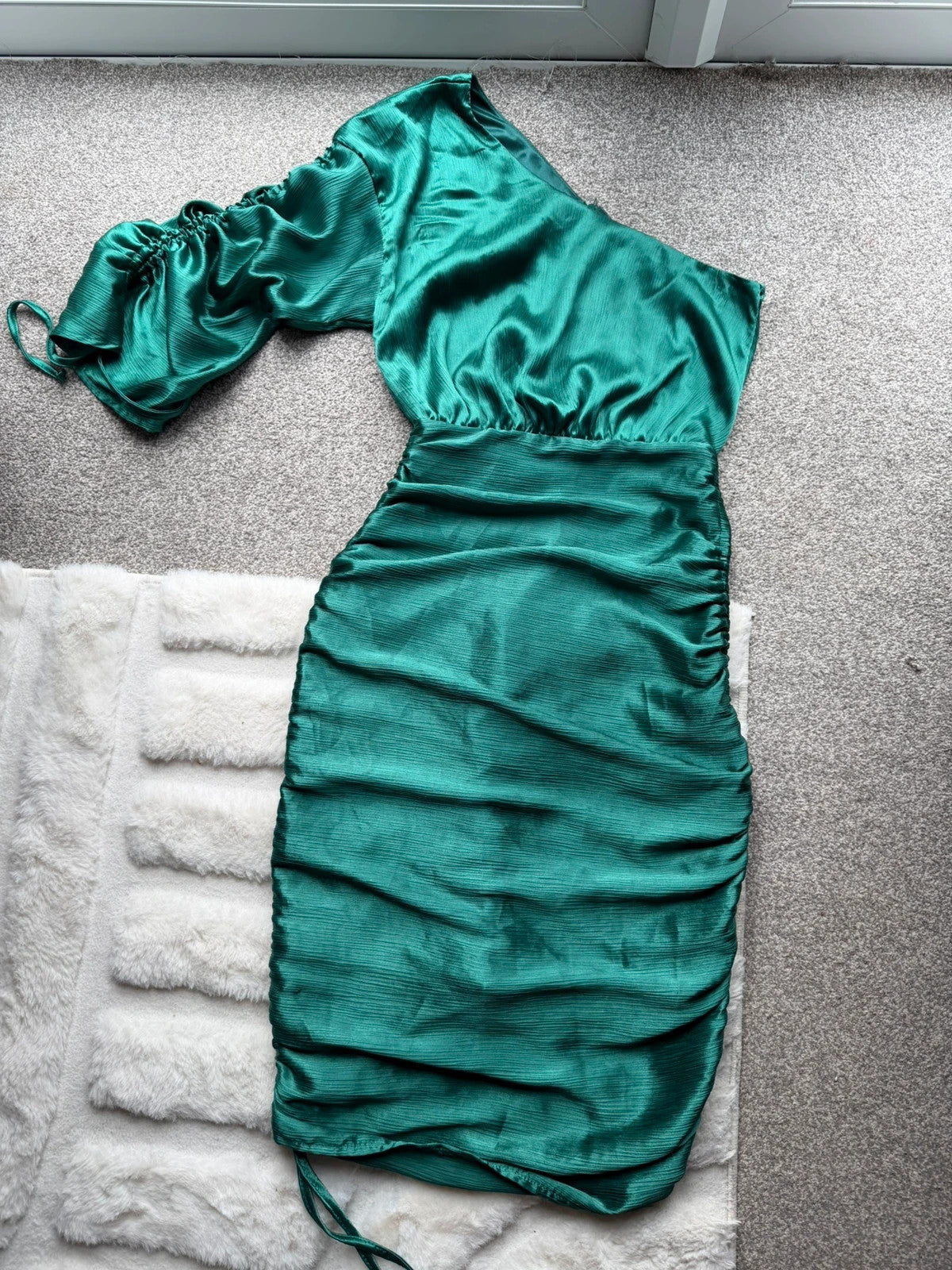 Club L London green ruffle maxi dress one shoulder satin evening glamour
