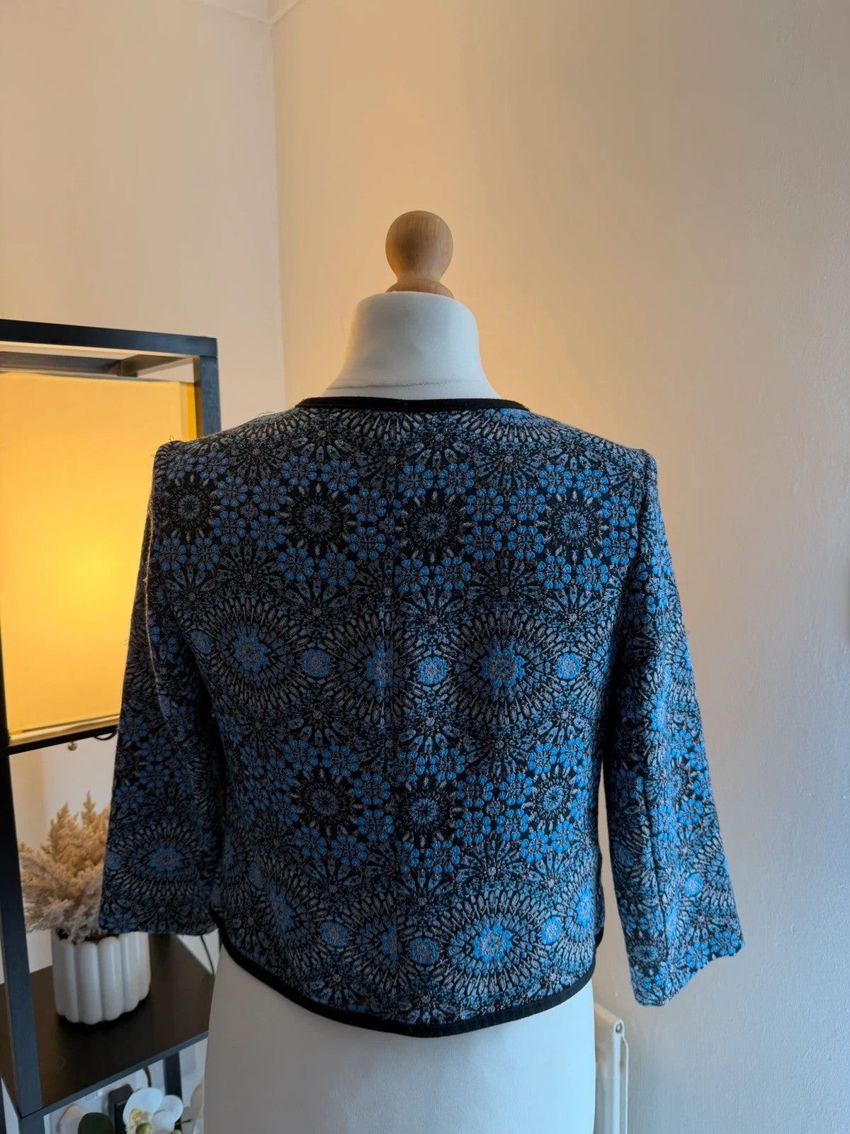 New Look black and blue occasion jacket open front logo embroidery silk material