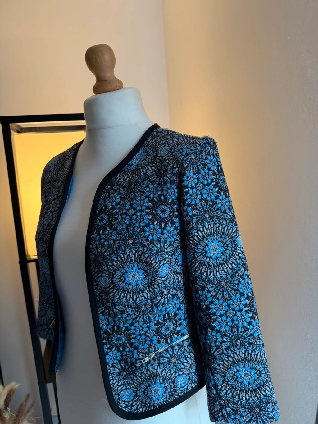 New Look black and blue occasion jacket open front logo embroidery silk material