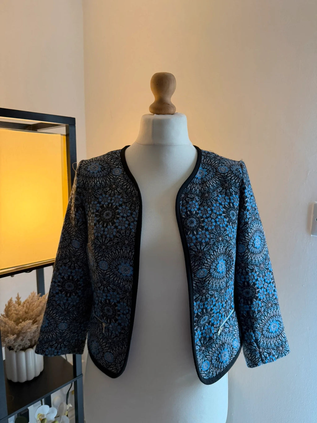 New Look black and blue occasion jacket open front logo embroidery silk material
