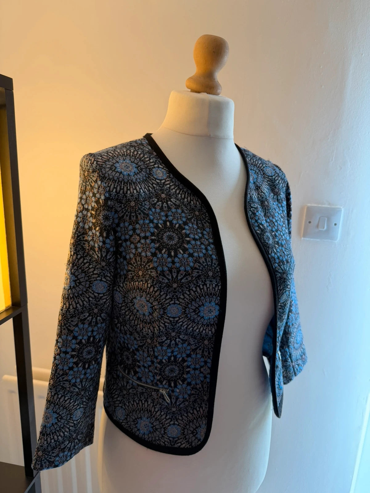 New Look black and blue occasion jacket open front logo embroidery silk material