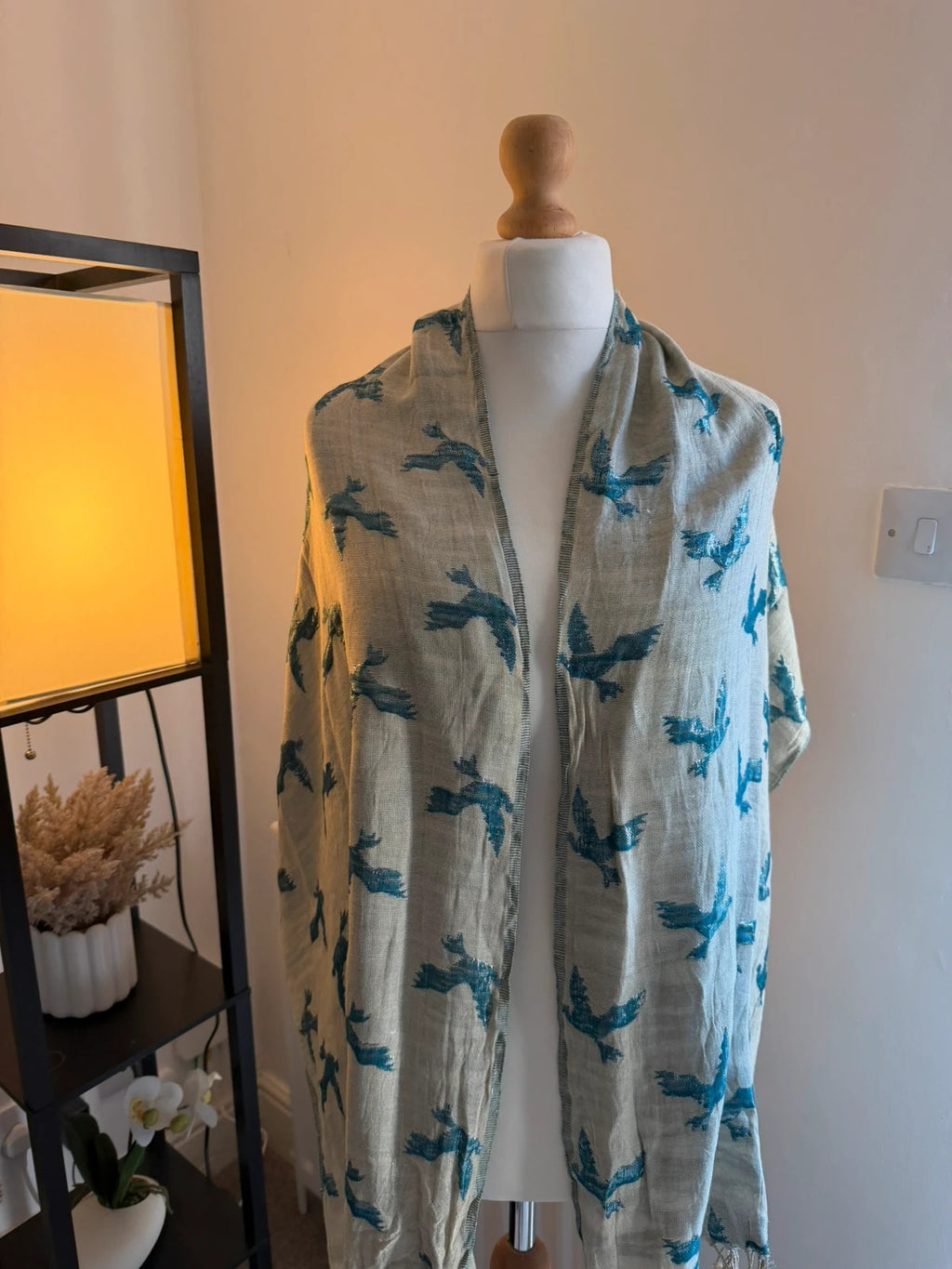 Free People multi bird print lightweight oversized scarf with boho design.