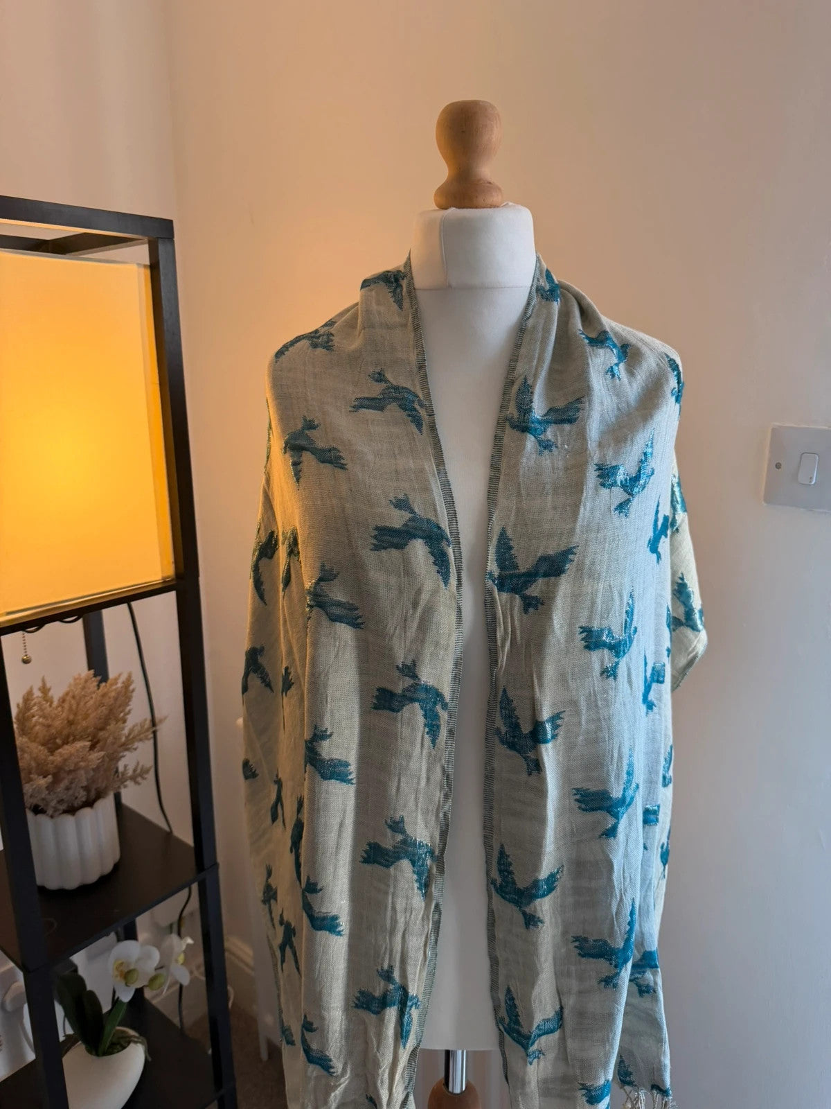 Free People multi bird print lightweight oversized scarf with boho design.
