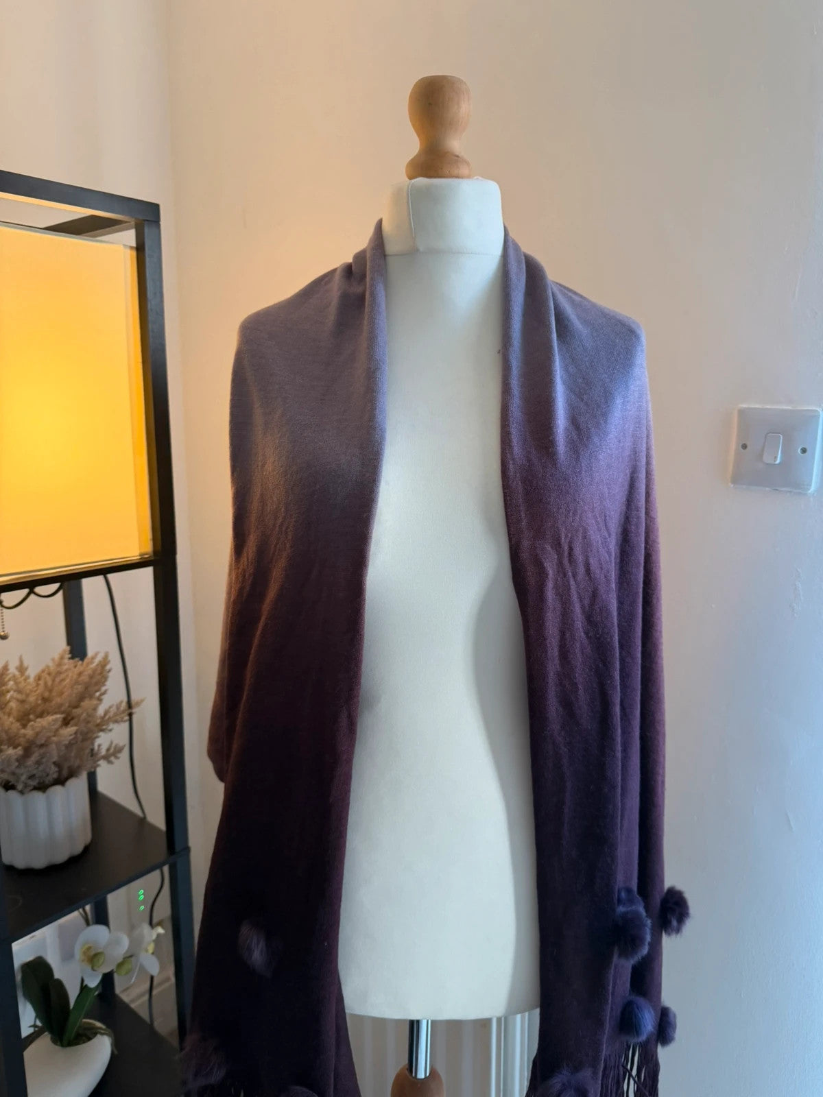 Pom Pom purple ombre pashmina shawl with pom pom details, pre-loved condition.