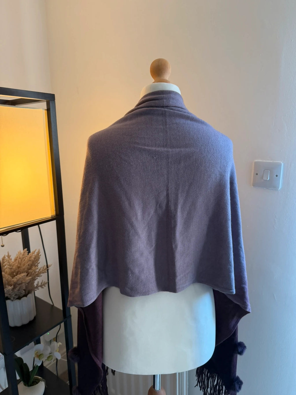 Pom Pom purple ombre pashmina shawl with pom pom details, pre-loved condition.