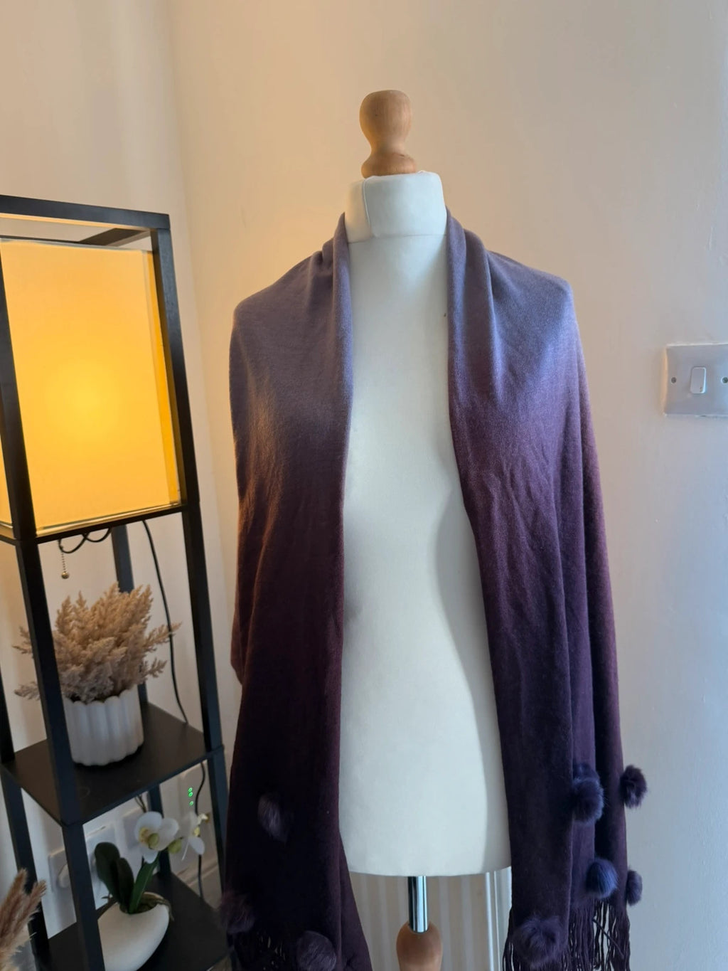 Pom Pom purple ombre pashmina shawl with pom pom details, pre-loved condition.
