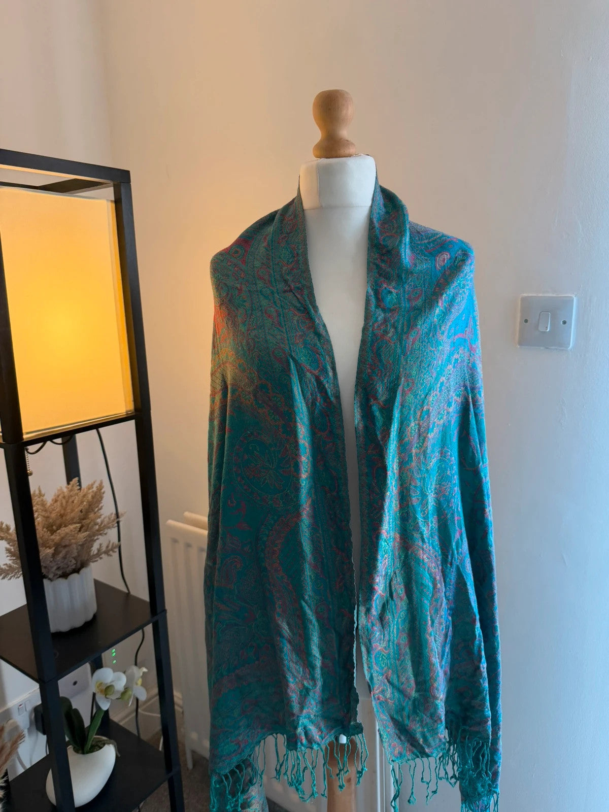 Pashmina multi-coloured pashmina scarf with paisley pattern and boho tassels.