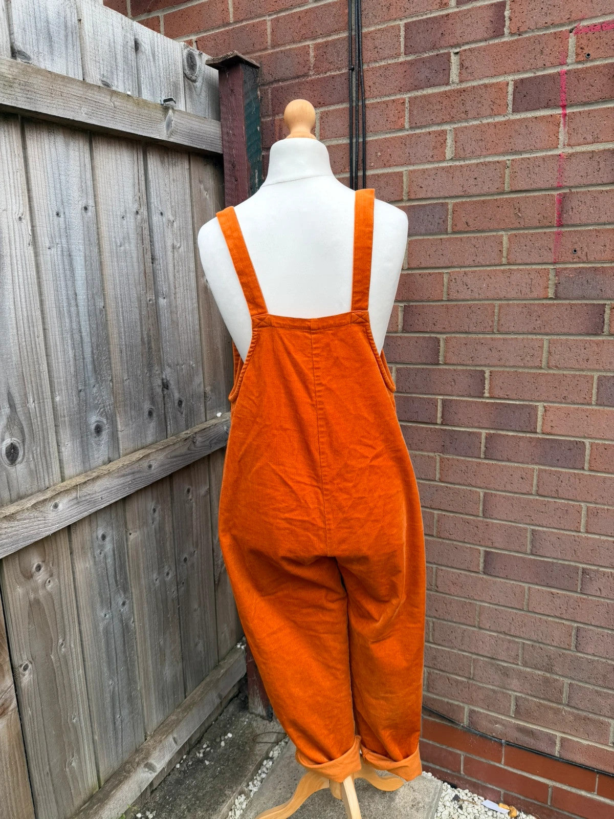 Lucy & Yak orange cord dungarees relaxed fit boho pattern logo patched material