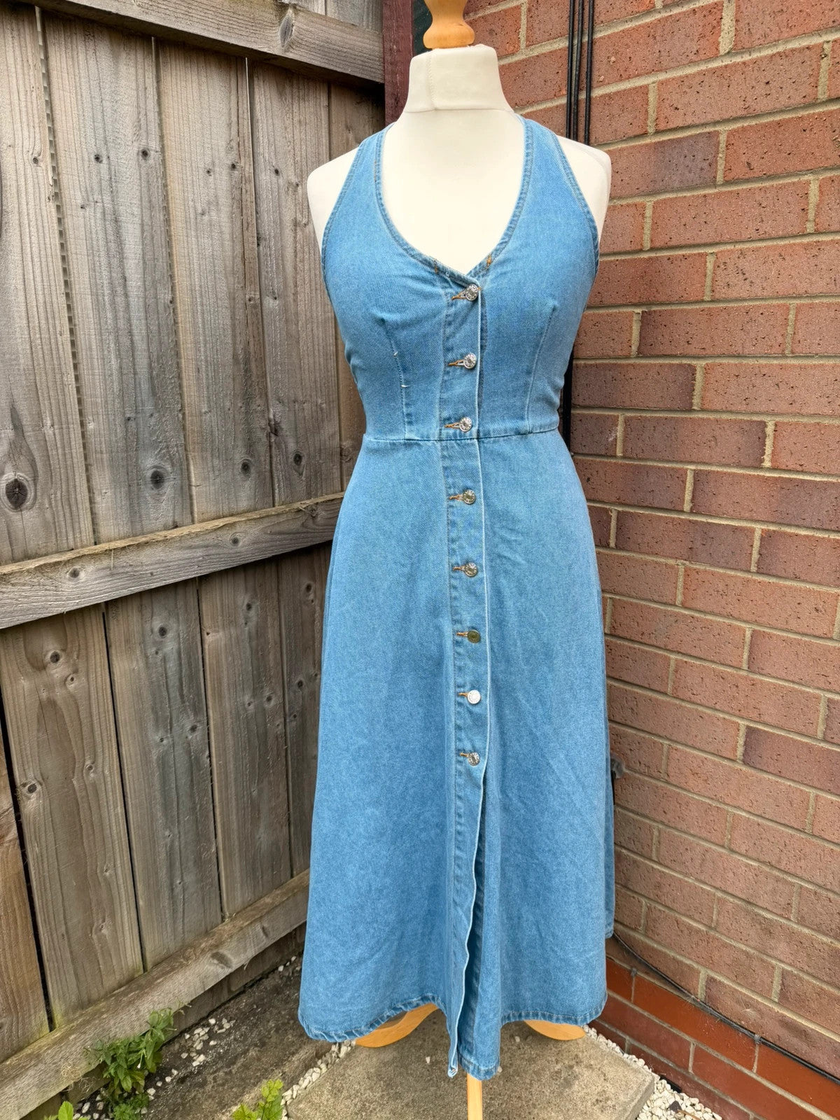 Denim blue button front midi dress vintage Y2K era denim material