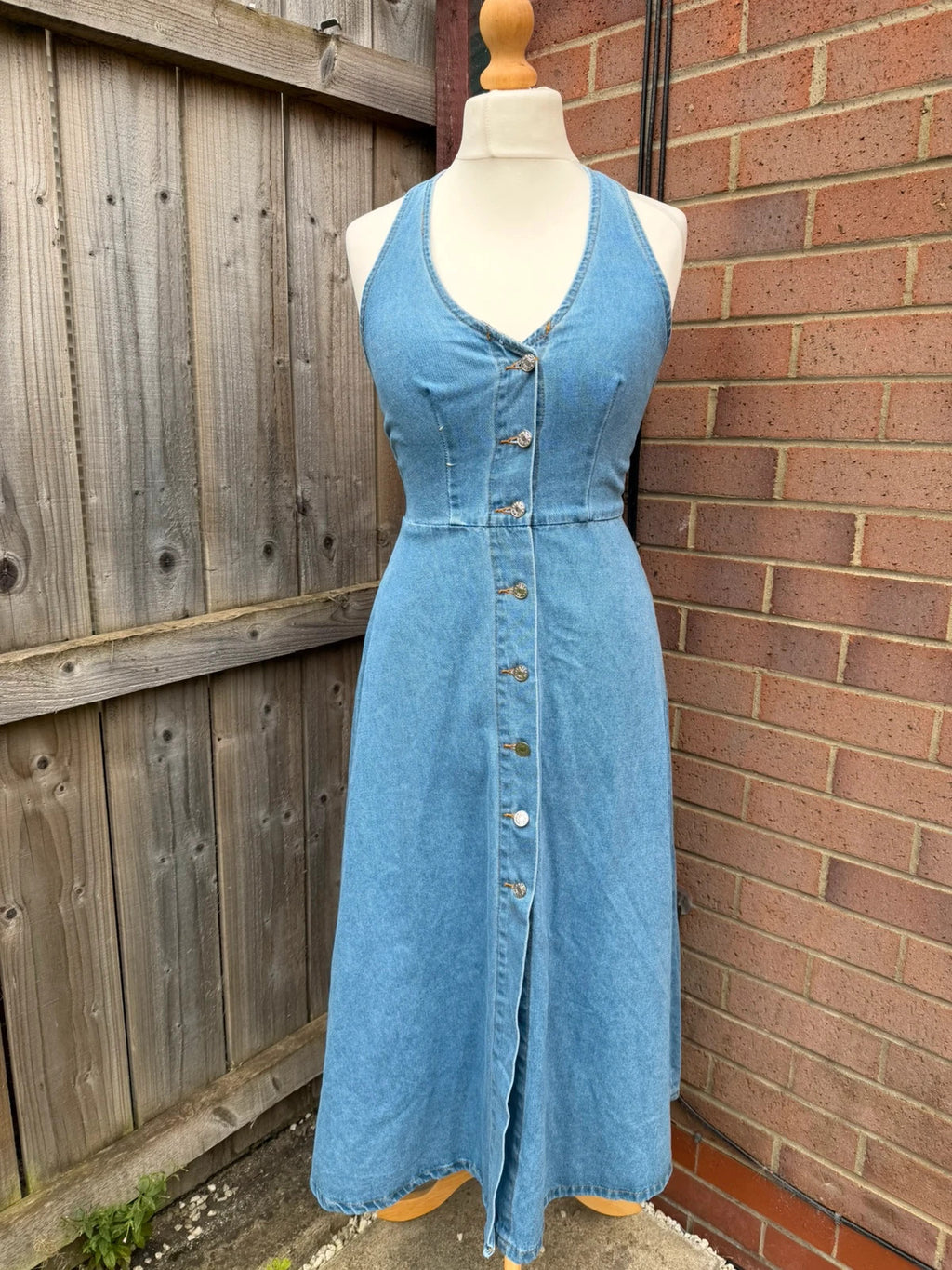 Denim blue button front midi dress vintage Y2K era denim material