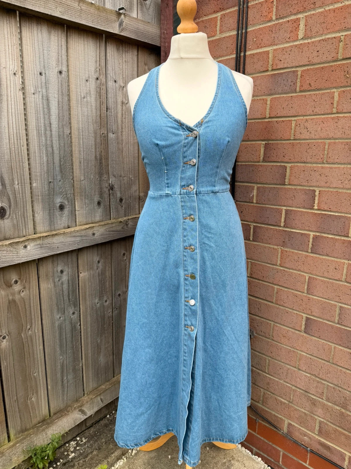Denim blue button front midi dress vintage Y2K era denim material