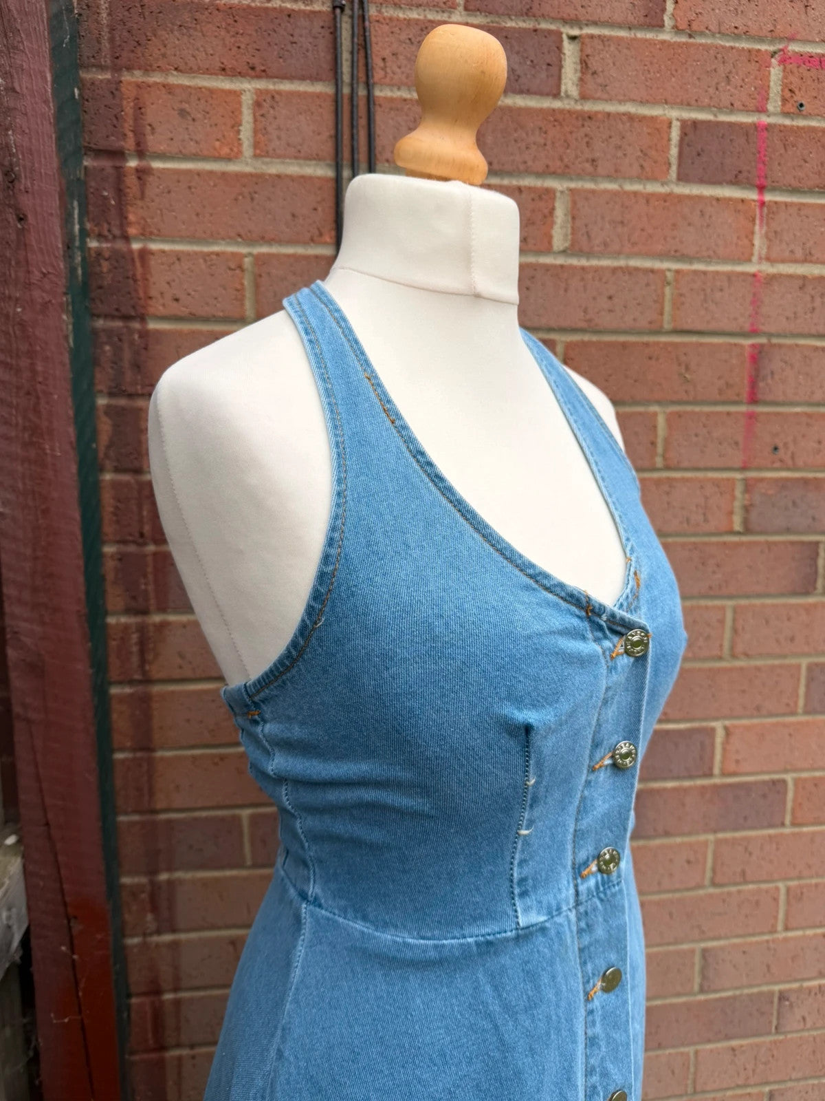 Denim blue button front midi dress vintage Y2K era denim material