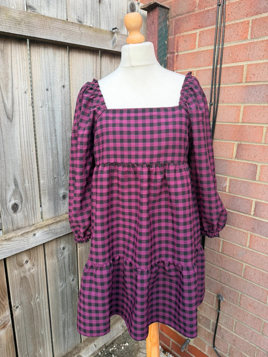 Pep&Co purple linen maxi dress gingham pattern puff sleeves smocked babydoll style