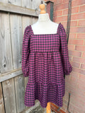 Pep&Co purple linen maxi dress gingham pattern puff sleeves smocked babydoll style