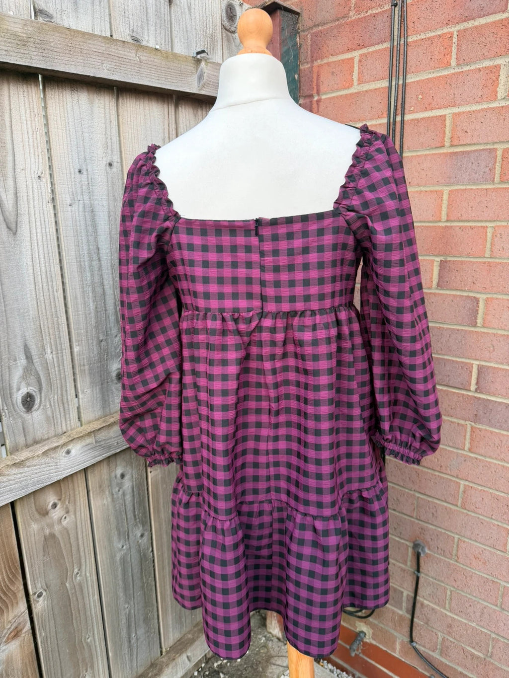 Pep&Co purple linen maxi dress gingham pattern puff sleeves smocked babydoll style