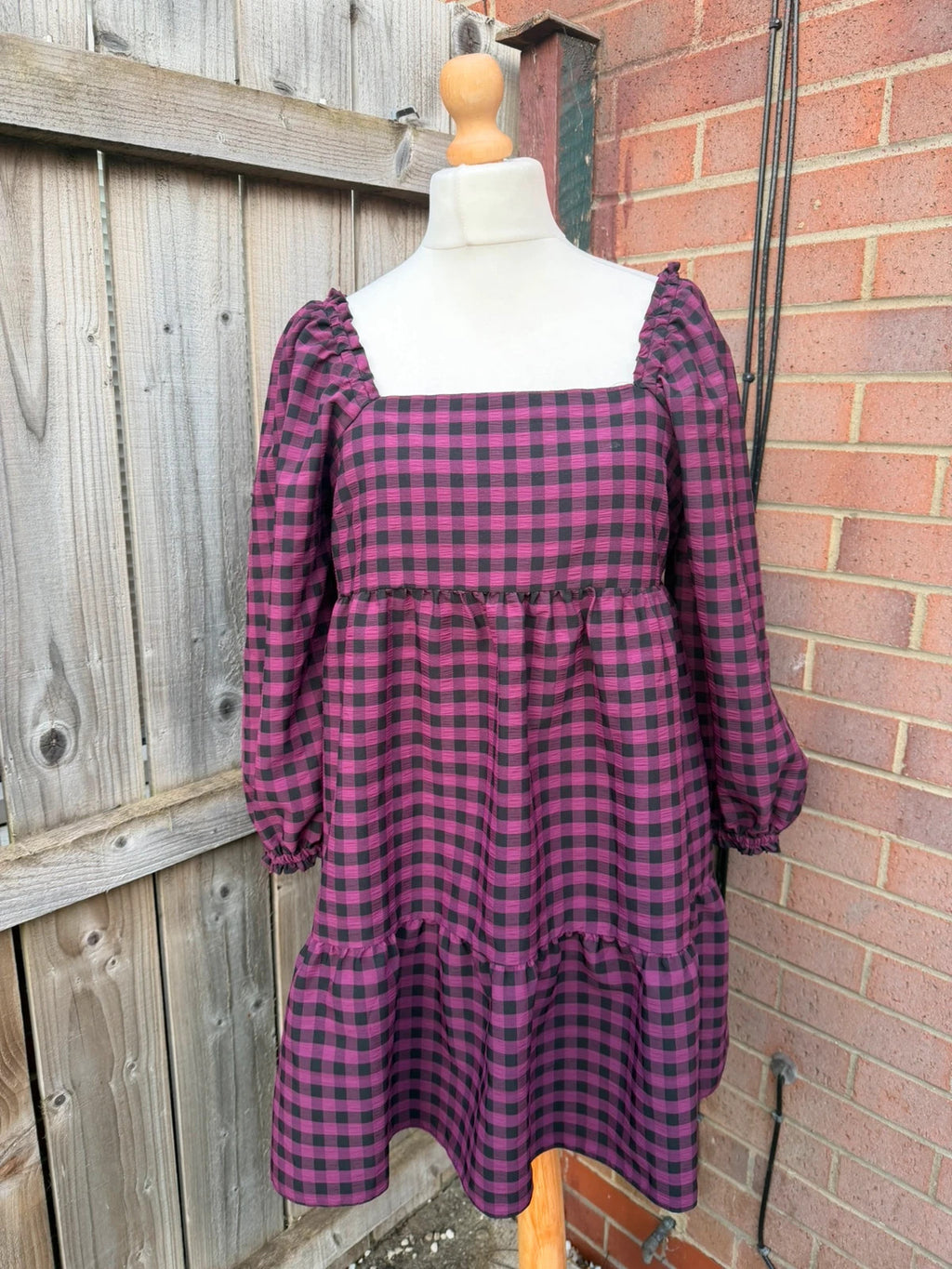 Pep&Co purple linen maxi dress gingham pattern puff sleeves smocked babydoll style