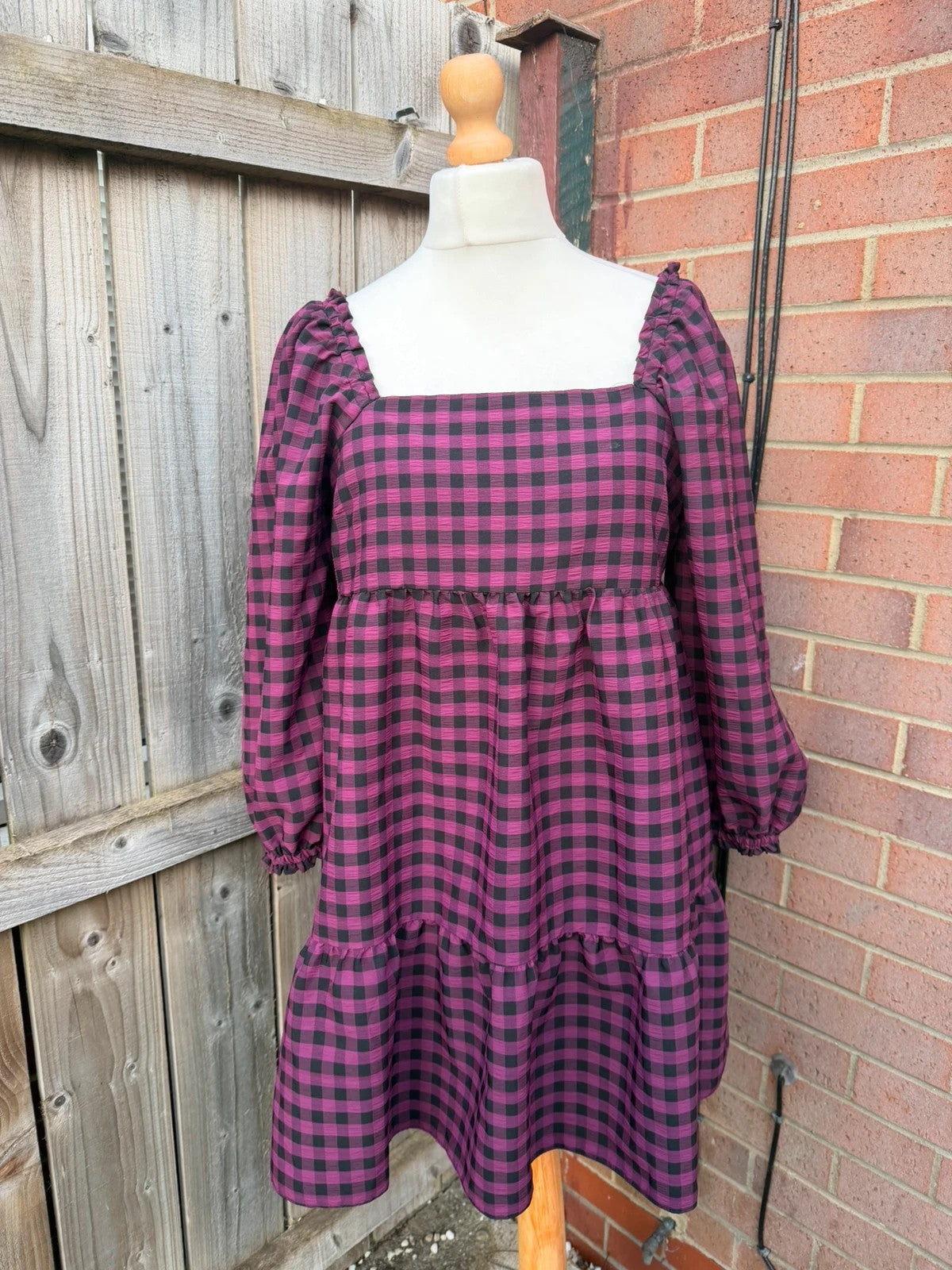 Pep&Co purple linen maxi dress gingham pattern puff sleeves smocked babydoll style
