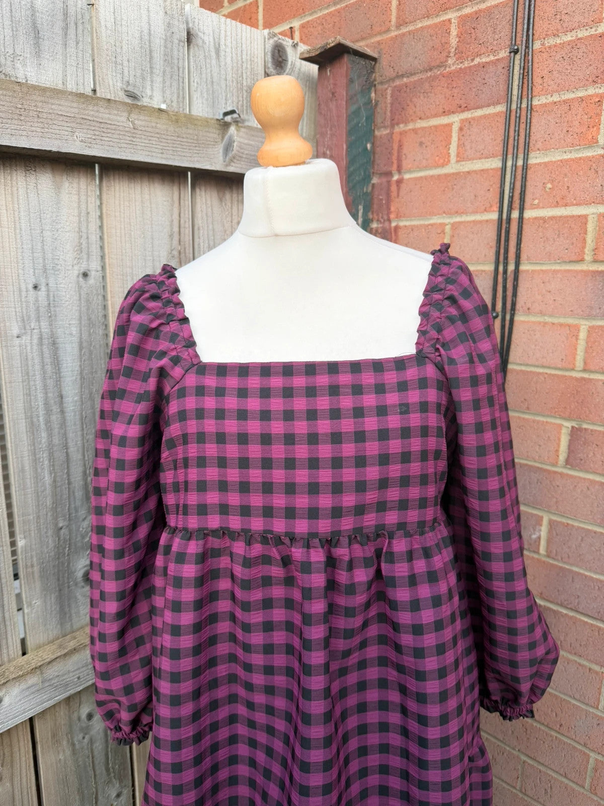 Pep&Co purple linen maxi dress gingham pattern puff sleeves smocked babydoll style