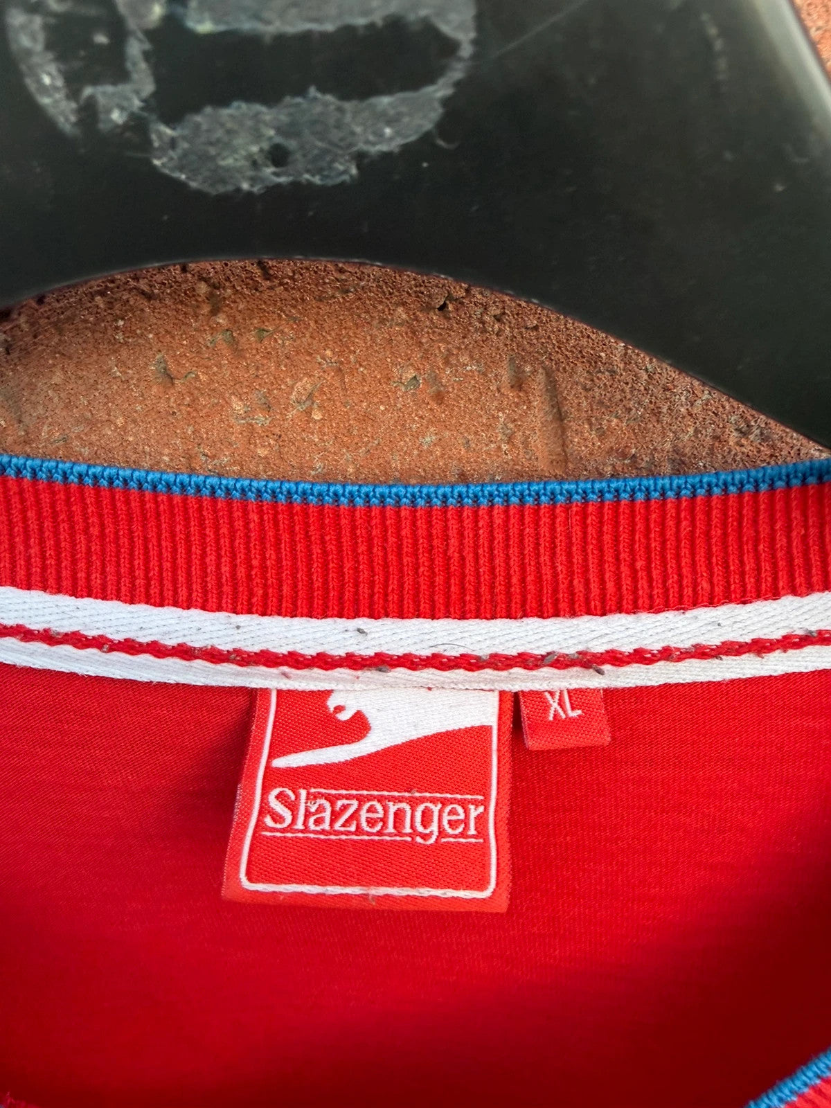 Slazenger red graphic t-shirt with logo print, crew neck, size XL.