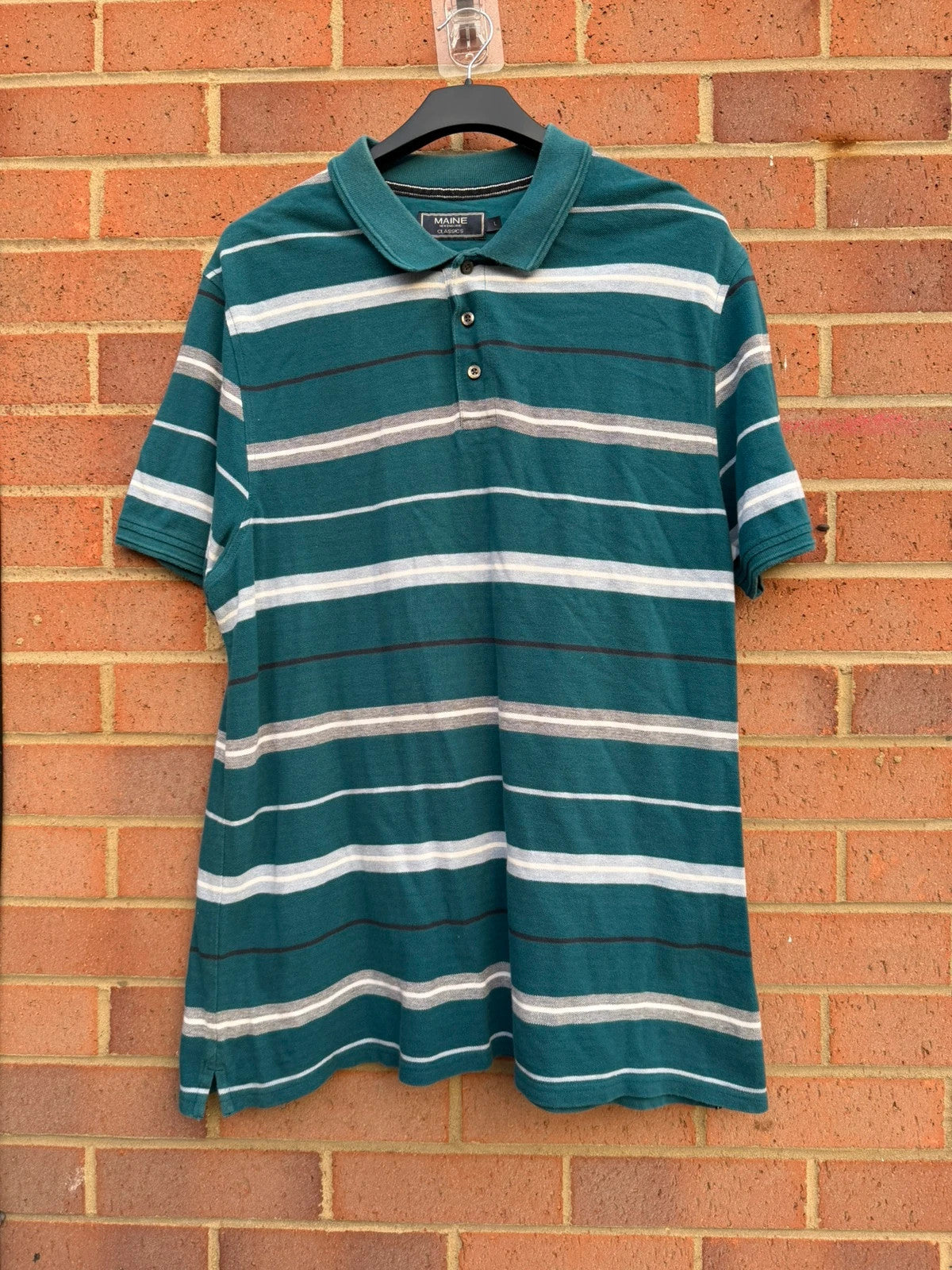 Maine New England blue striped polo shirt men size l visual details stripes cotton material