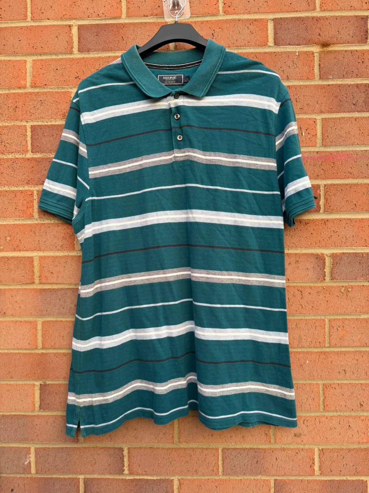 Maine New England blue striped polo shirt men size l visual details stripes cotton material