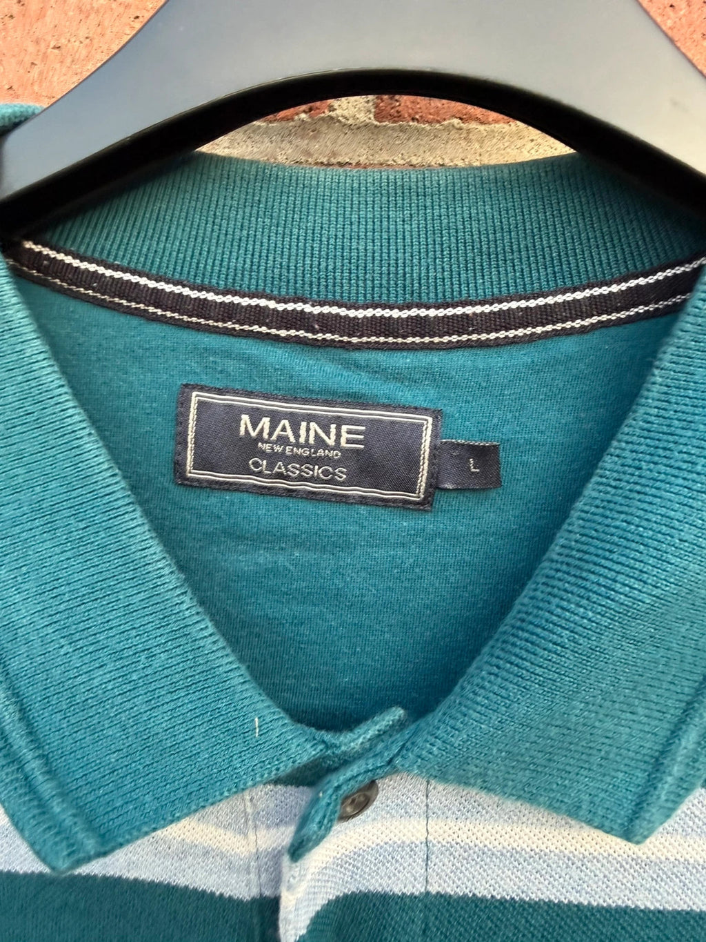 Maine New England blue striped polo shirt men size l visual details stripes cotton material