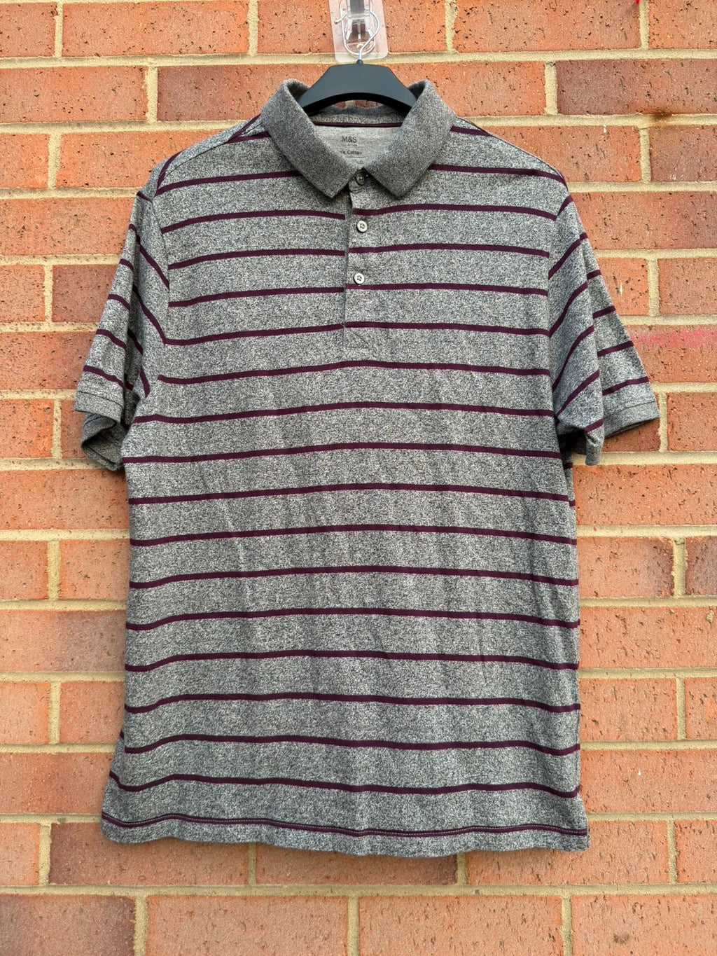 Marks & Spencer grey polo shirt with burgundy stripes, pure cotton material.