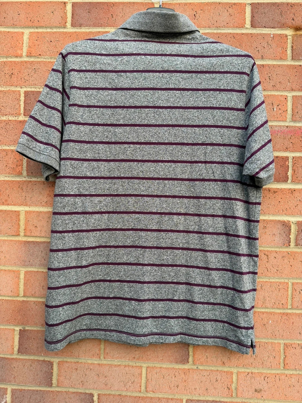 Marks & Spencer grey polo shirt with burgundy stripes, pure cotton material.