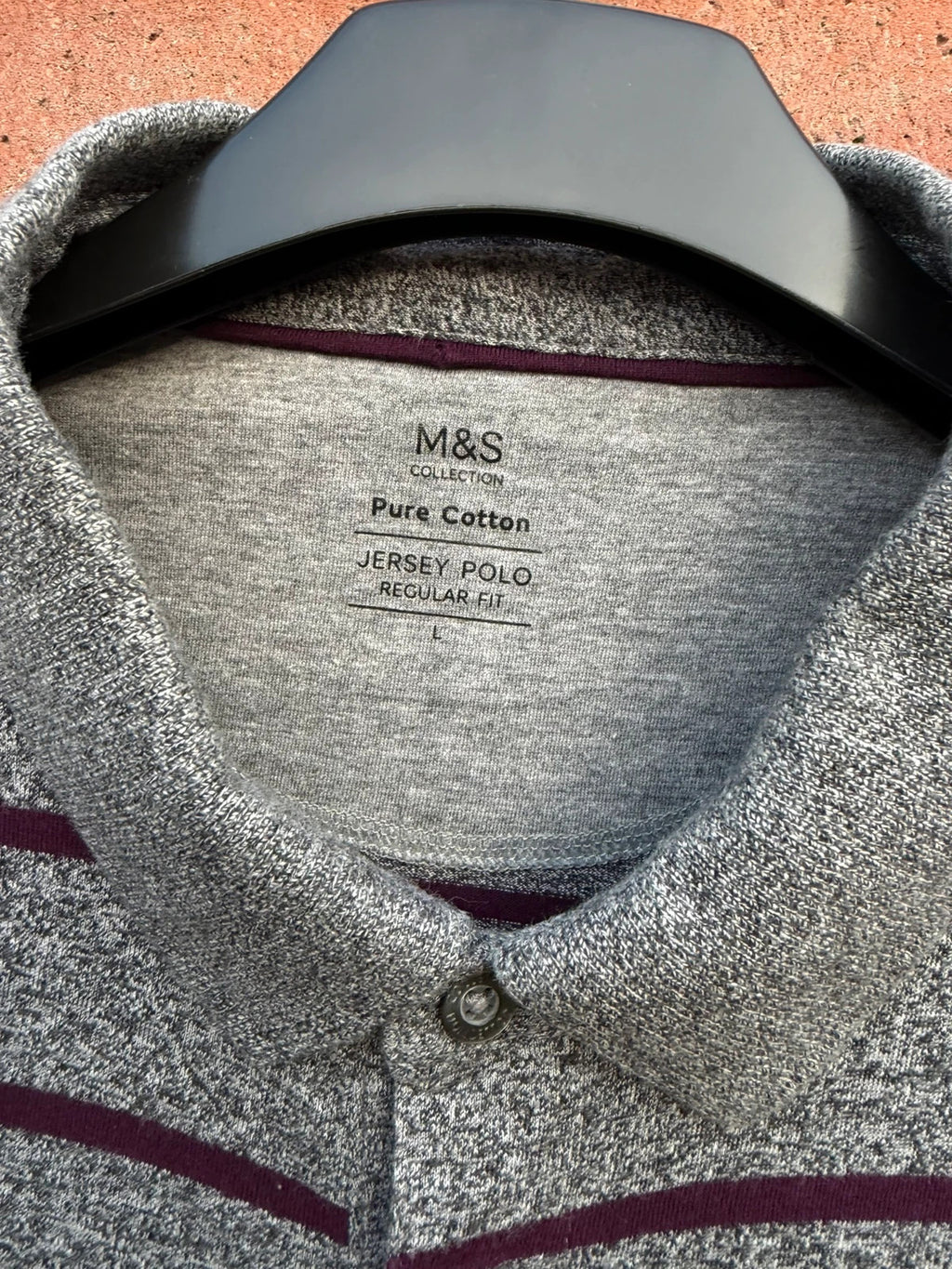 Marks & Spencer grey polo shirt with burgundy stripes, pure cotton material.