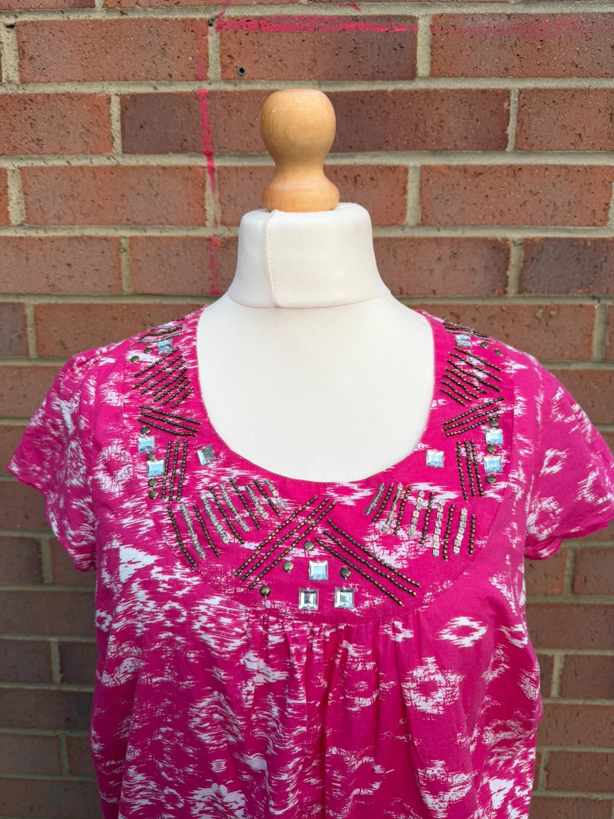 pink beaded tunic top short sleeves printed design embellishments