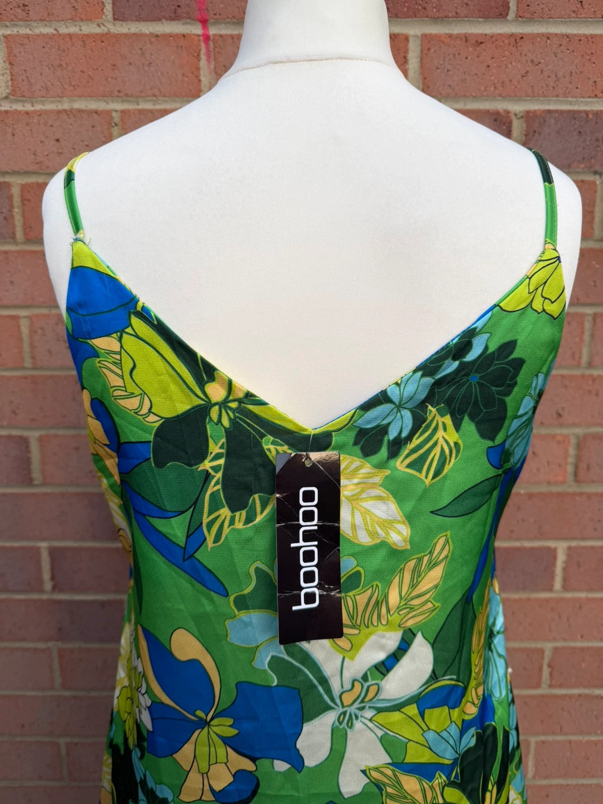 Boohoo multi tropical floral satin slip dress with cami straps and mini length.