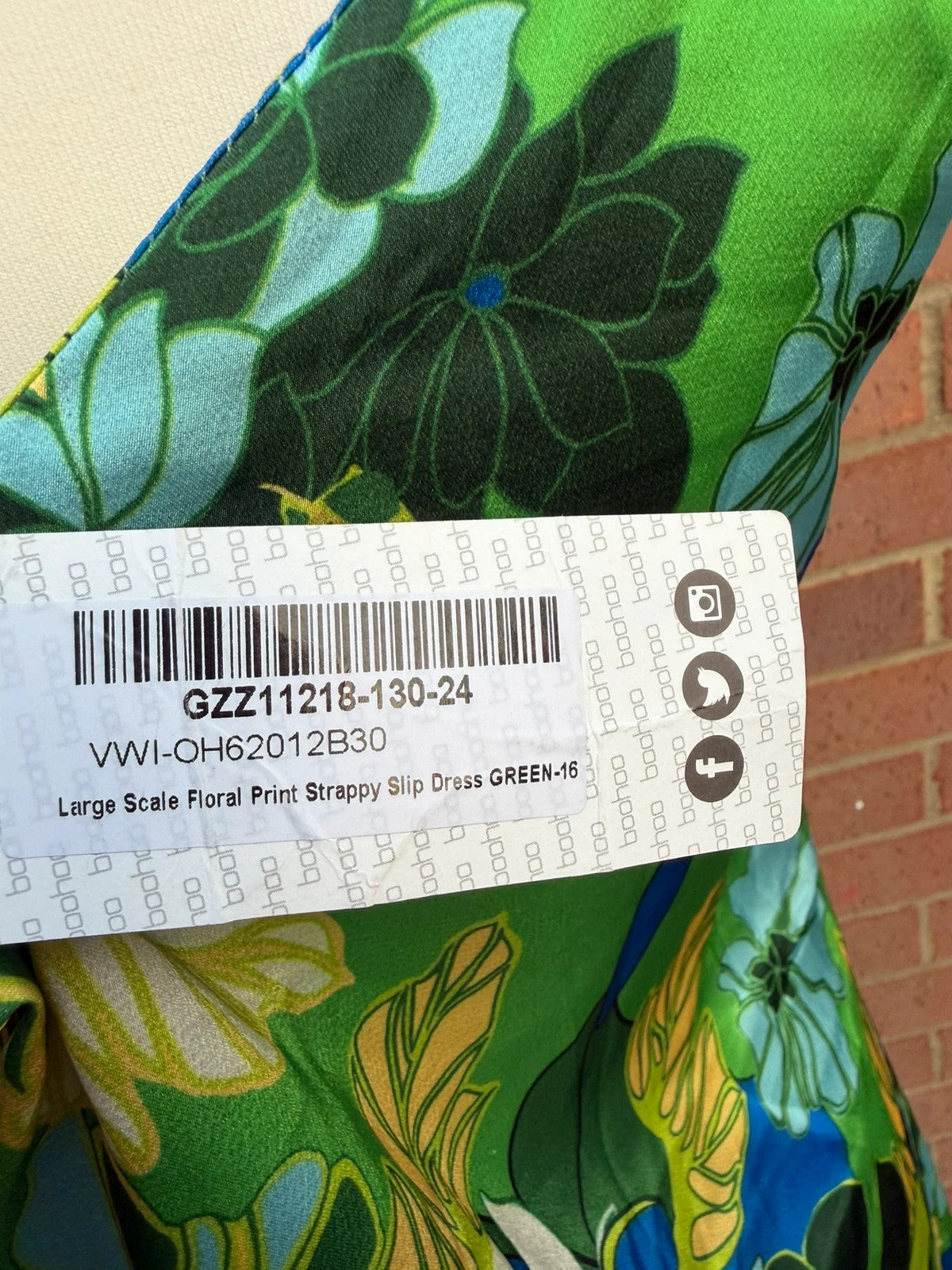 Boohoo multi tropical floral satin slip dress with cami straps and mini length.