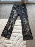 Vintage Denim black straight jeans with grey graphic print and wide leg style.