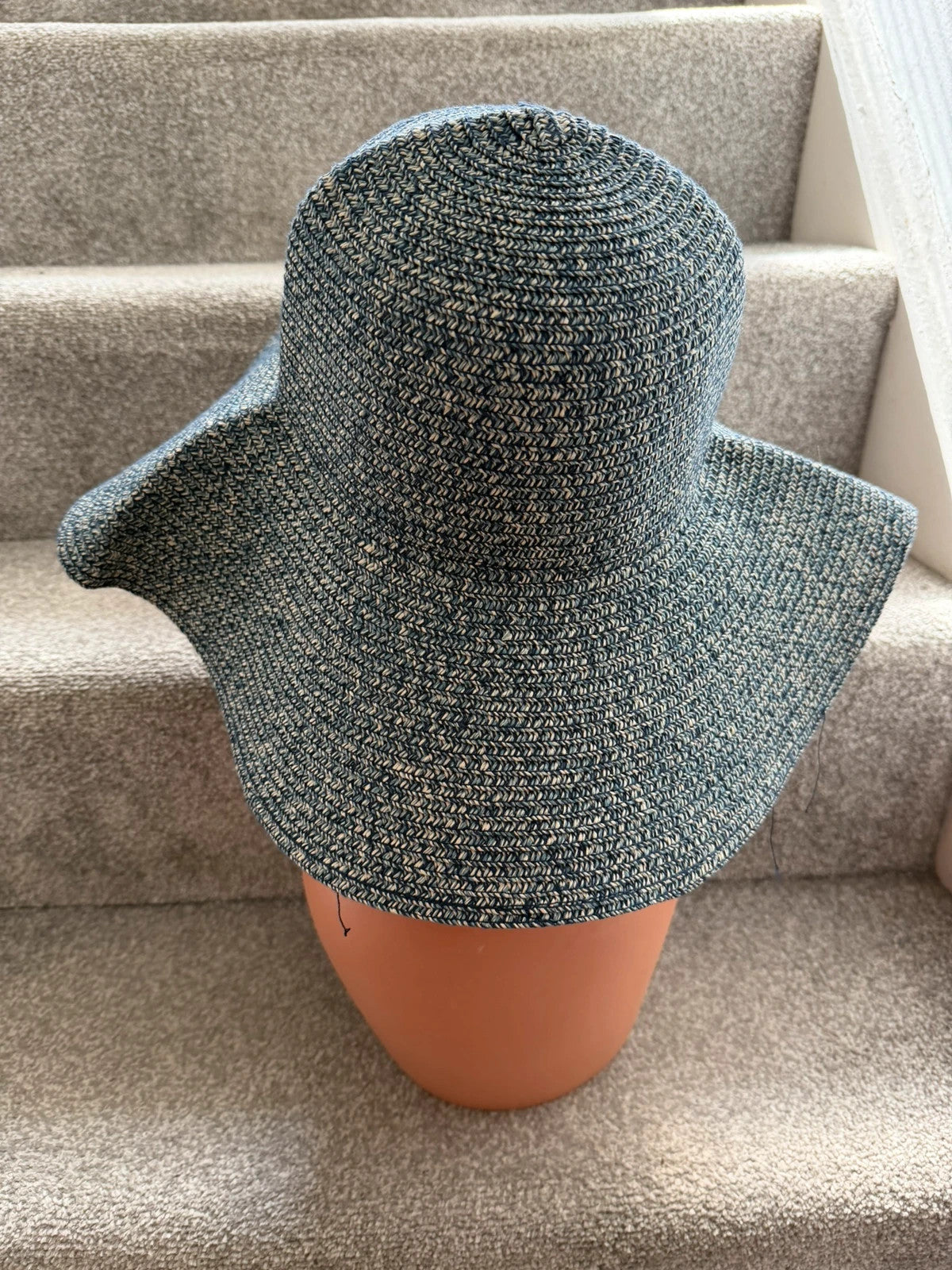 Accessorize blue and white floppy sun hat wide brim boho patterned stripes