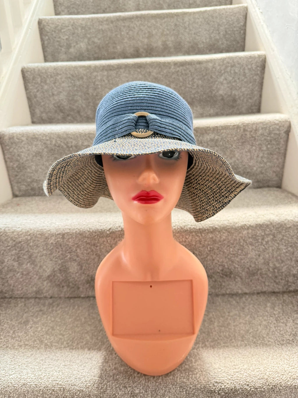 One Size beige and blue wide brim sun hat bow detail beach material
