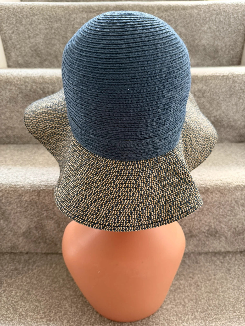 One Size beige and blue wide brim sun hat bow detail beach material