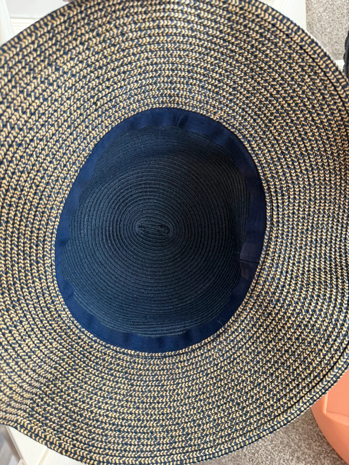 One Size beige and blue wide brim sun hat bow detail beach material