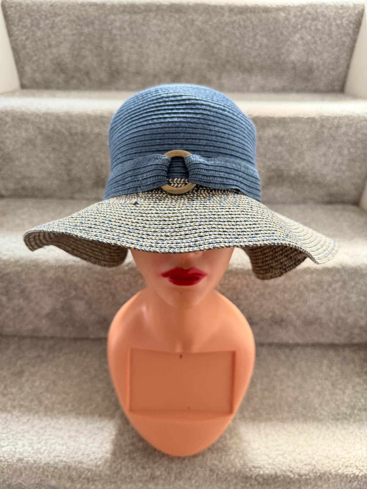 One Size beige and blue wide brim sun hat bow detail beach material