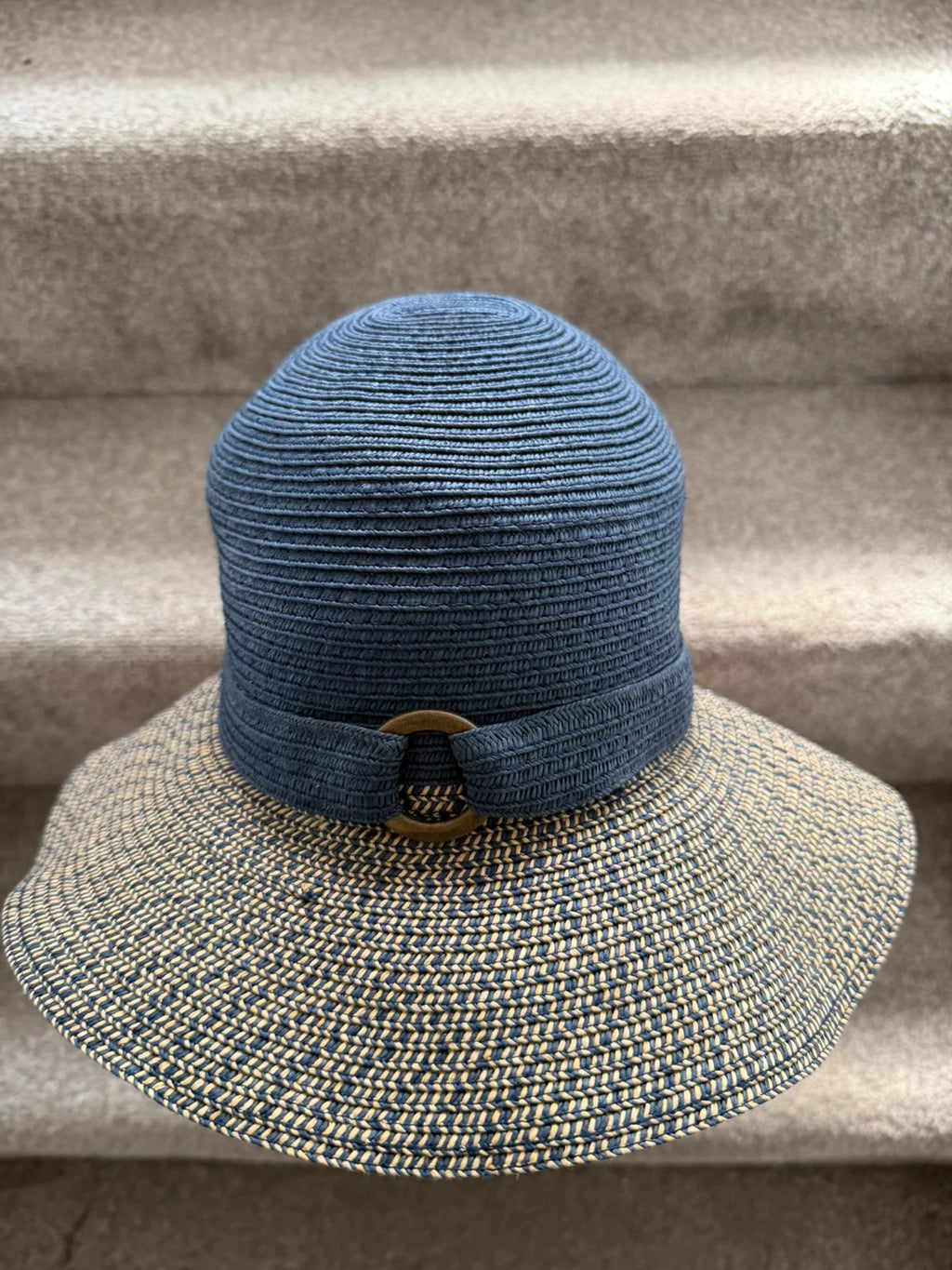 One Size beige and blue wide brim sun hat bow detail beach material