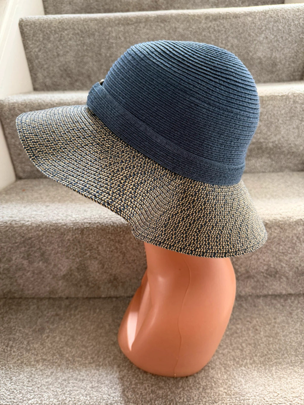 One Size beige and blue wide brim sun hat bow detail beach material