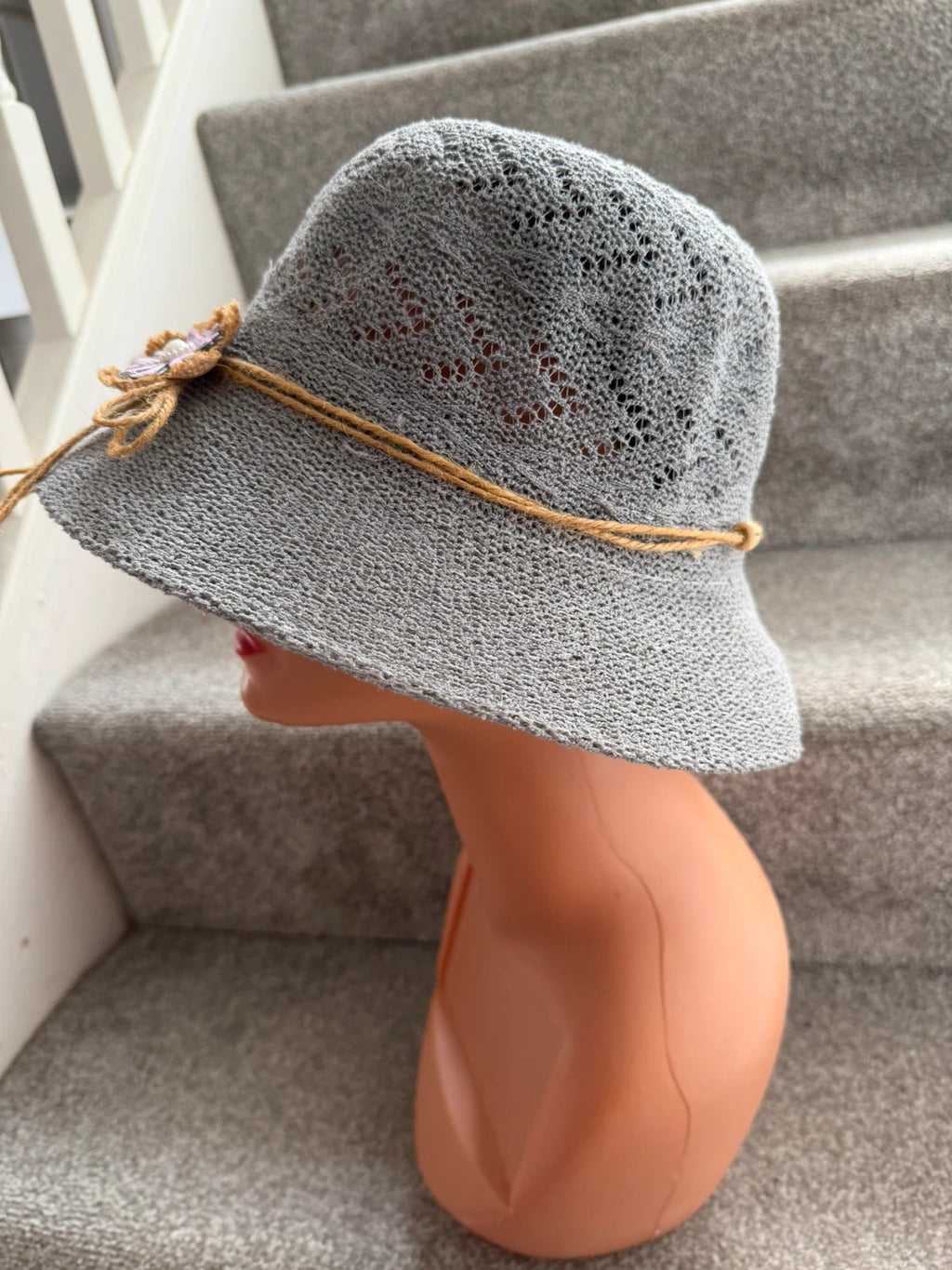 One Size grey floral wide brim hat boho pattern summer material
