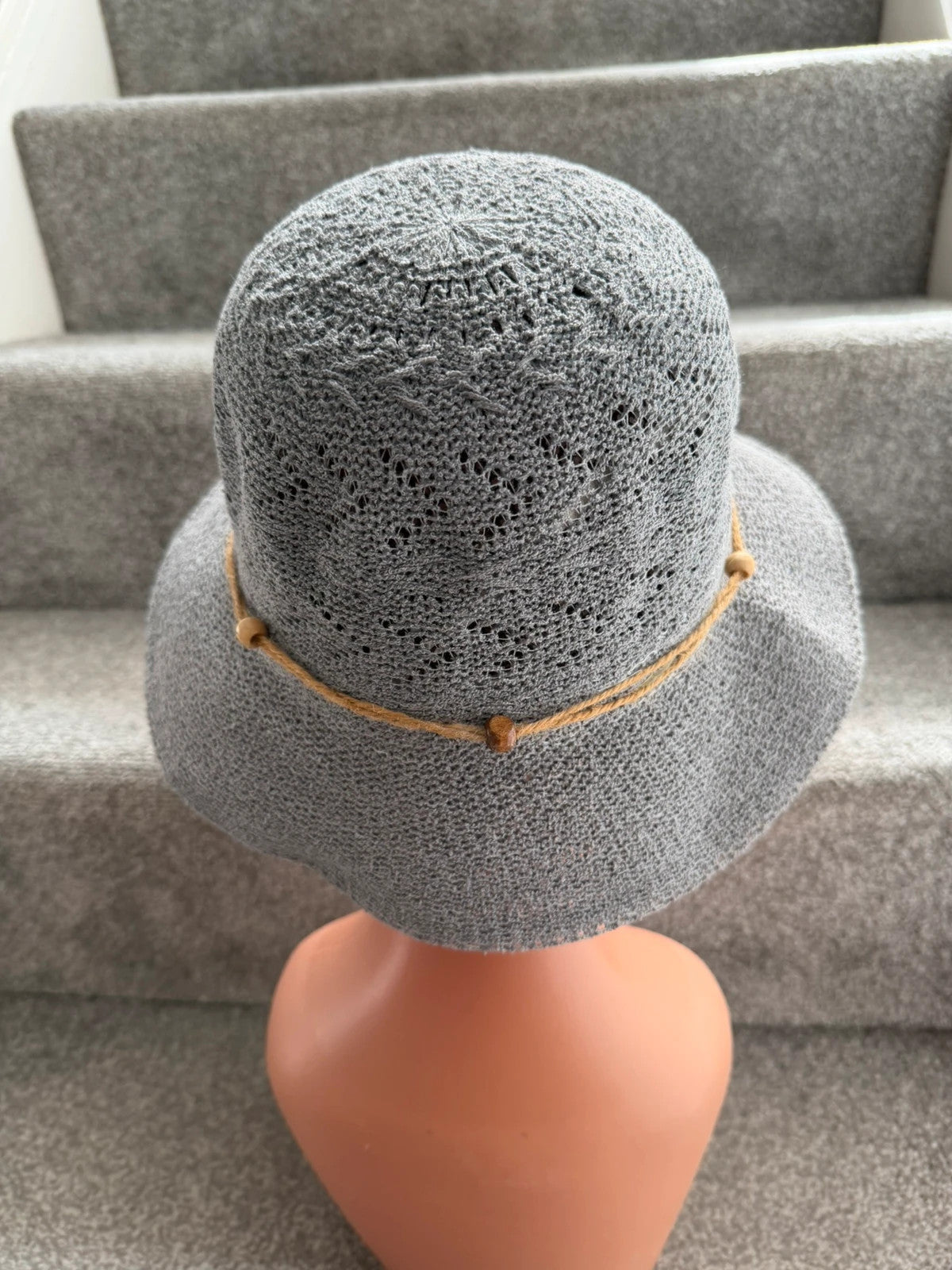 One Size grey floral wide brim hat boho pattern summer material