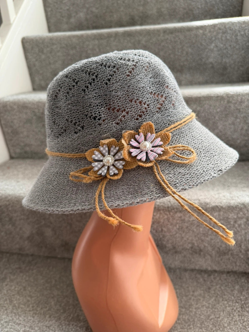One Size grey floral wide brim hat boho pattern summer material