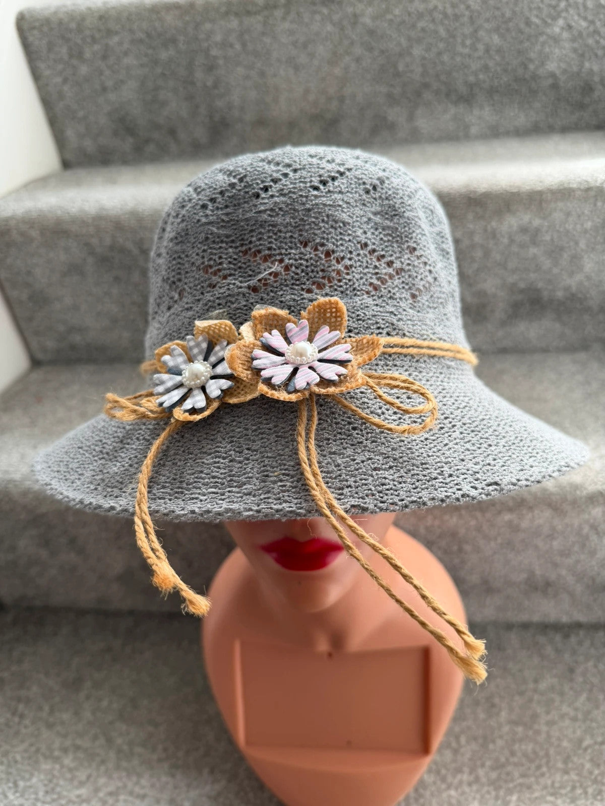 One Size grey floral wide brim hat boho pattern summer material