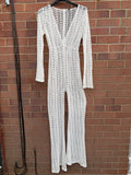 PrettyLittleThing white crochet lace jumpsuit with wide leg design, boho style.