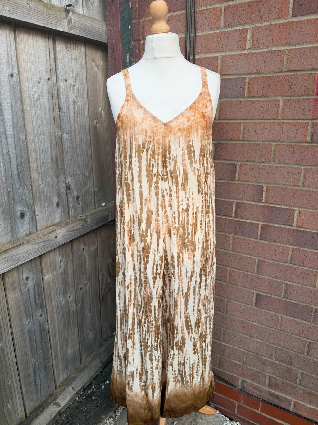 M-Made in Italy beige and brown tie dye wide leg jumpsuit with tags.